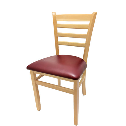Beech wood side chair with natural clear coat finish and wine vinyl seat. Comfortable and stylish seating for restaurant or café interiors.