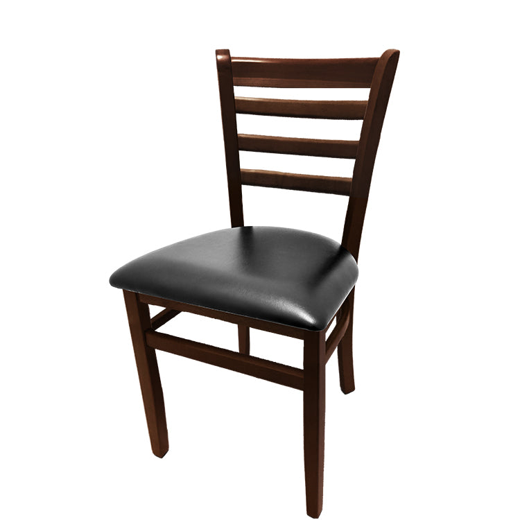 Beech wood side chair with walnut stain frame and black vinyl seat. Made from solid European beech wood with durable leg supports and non-marring glides. Ships partially assembled.