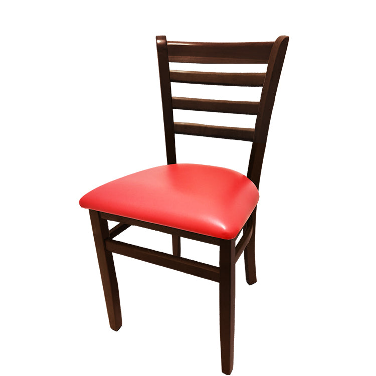 Beech wood side chair with walnut stained frame and red vinyl seat. Combines rich wood tone with vibrant upholstery for modern dining rooms.