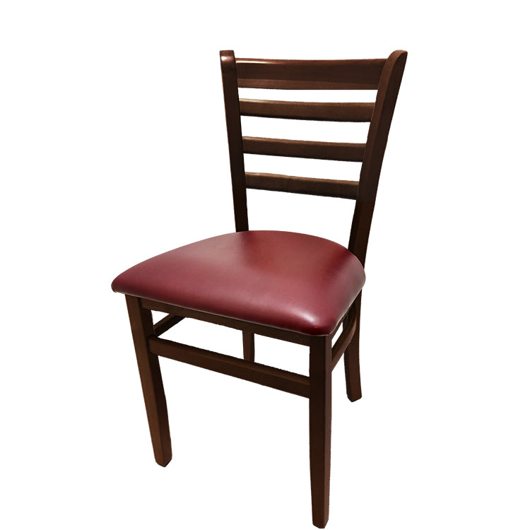 Beech wood side chair with walnut frame and wine vinyl seat. Elegant solid wood design with durable supports and classic finish.