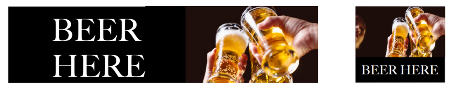 Vinyl banner reading “Beer Here” with bold, high-resolution graphics, printed on durable PVC material for indoor or outdoor bar and restaurant promotion.