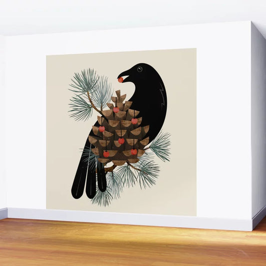 Bird & Berries Wall Mural by Littleclyde Illustration installed in a restaurant dining room – 8-foot nature-inspired wall art with birds and berries for hospitality interiors