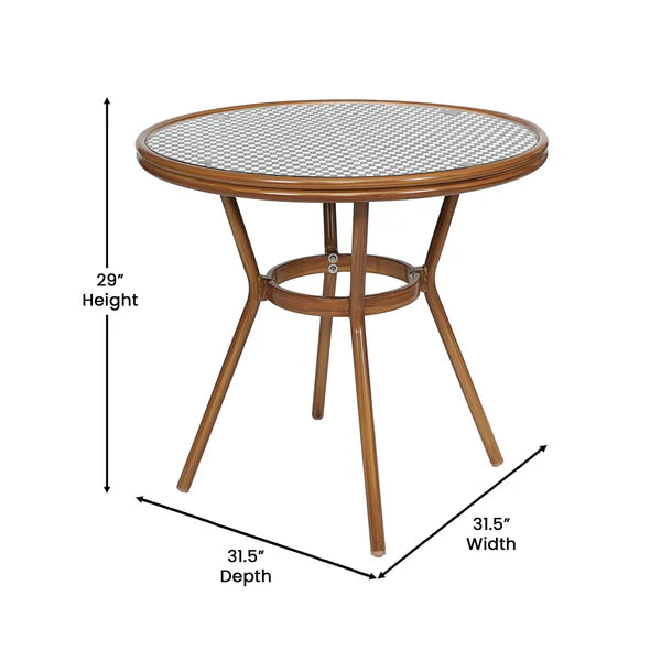 Black and white PE rattan bistro dining set with glass top table and stackable chairs for cafés and patios with dimensions