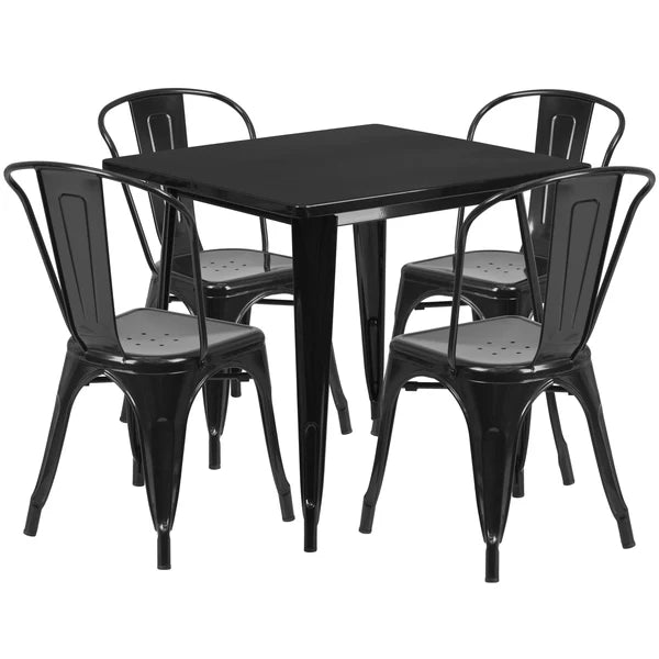 Black powder-coated metal restaurant table set with stackable chairs for bars and hotel patios