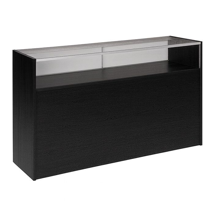 Front view Economy Jewelry Case in a black finish, featuring a tempered-glass front and top for secure, high-visibility jewelry and accessory display.
