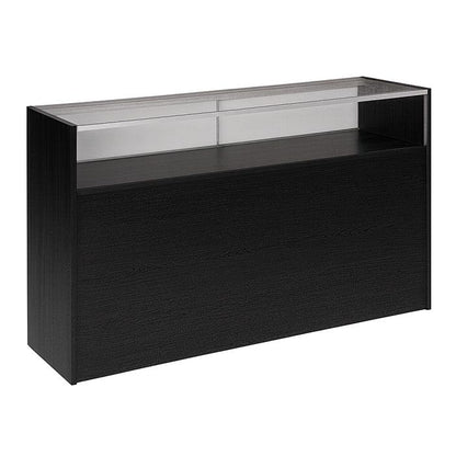 Front view Economy Jewelry Case in a black finish, featuring a tempered-glass front and top for secure, high-visibility jewelry and accessory display.