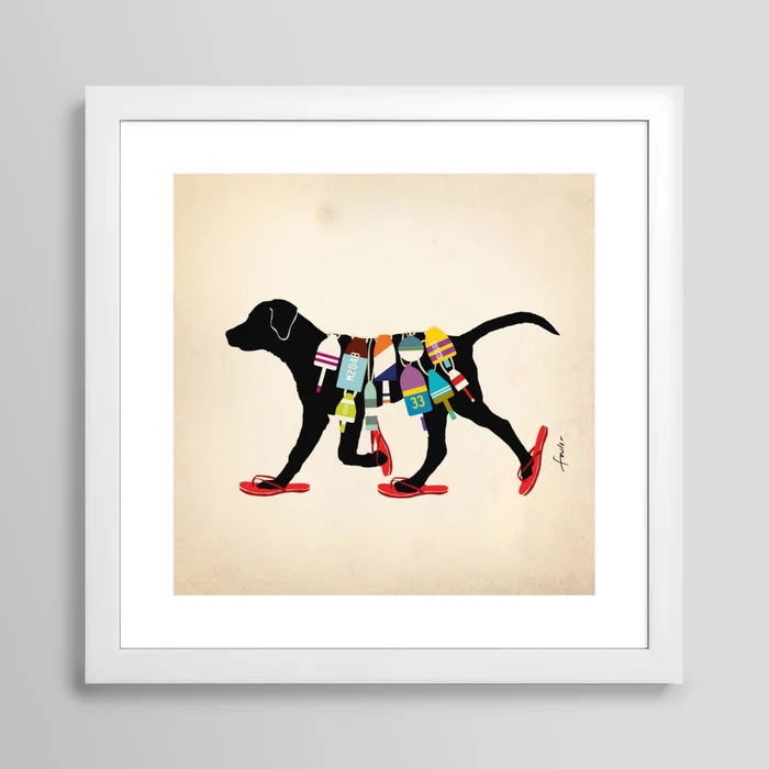 Black Labrador beach artwork in white frame, ocean-themed décor for cafés and hospitality spaces