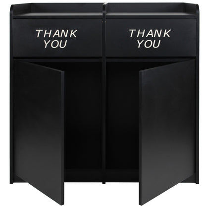 Dual waste receptacle with two “THANK YOU” swing doors and top tray shelves