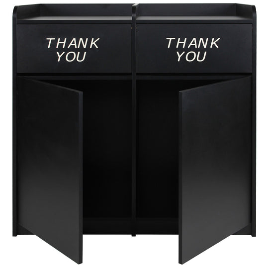 Dual waste receptacle with two “THANK YOU” swing doors and top tray shelves