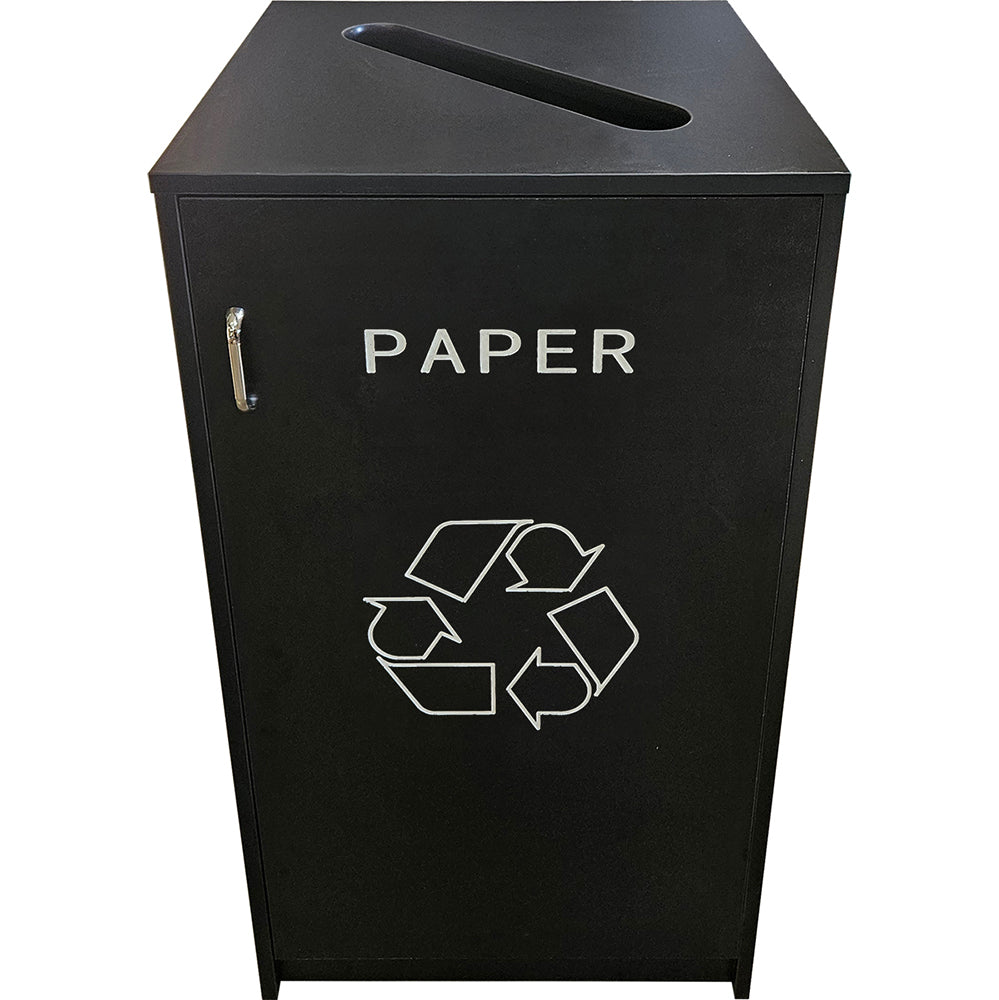Recycling receptacle for paper products with swing door and black laminate finish