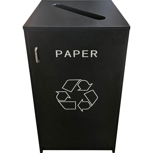 Recycling receptacle for paper products with swing door and black laminate finish