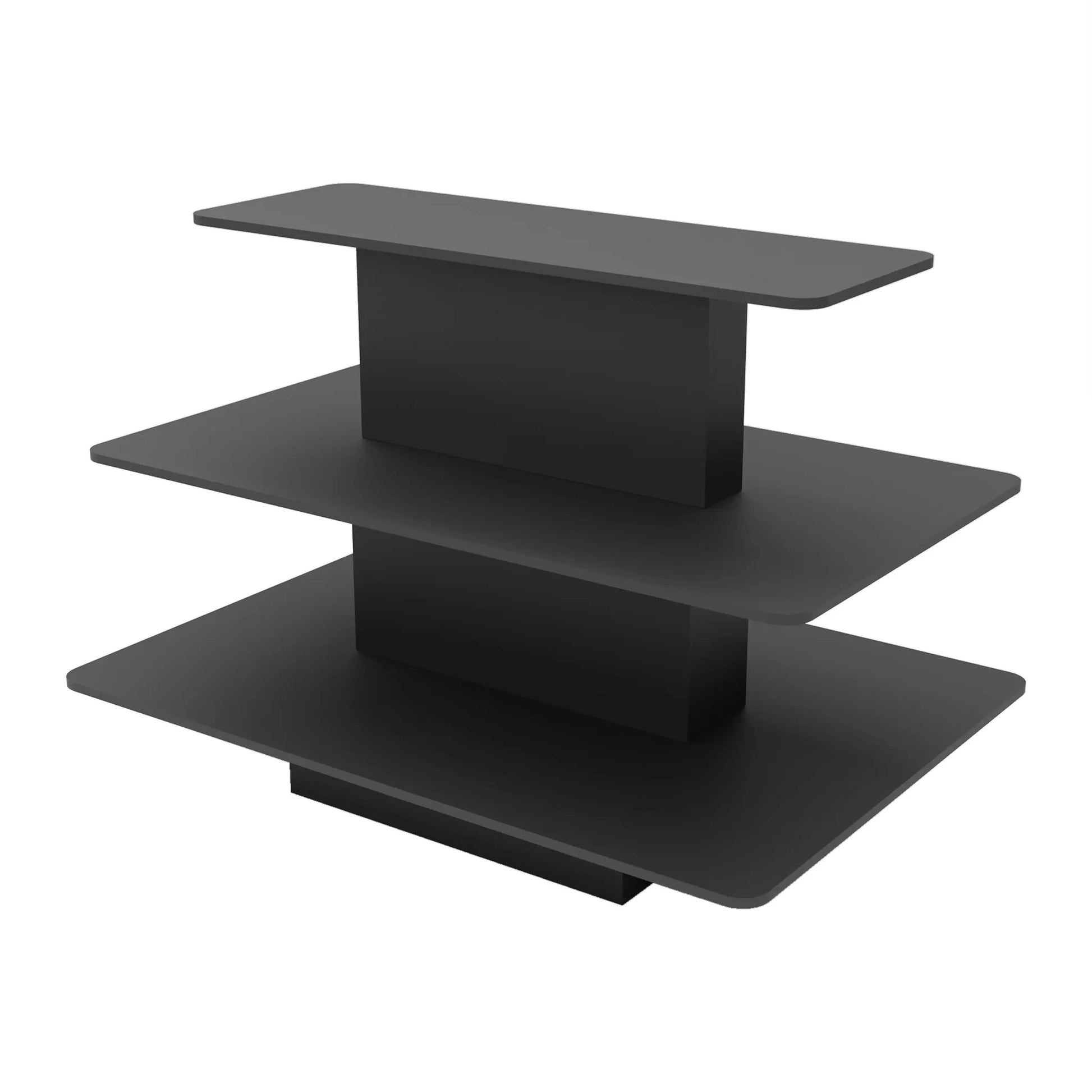 Black economy 3-tier rectangular display table shown empty, highlighting the stepped shelving design and smooth black finish used for retail merchandising.