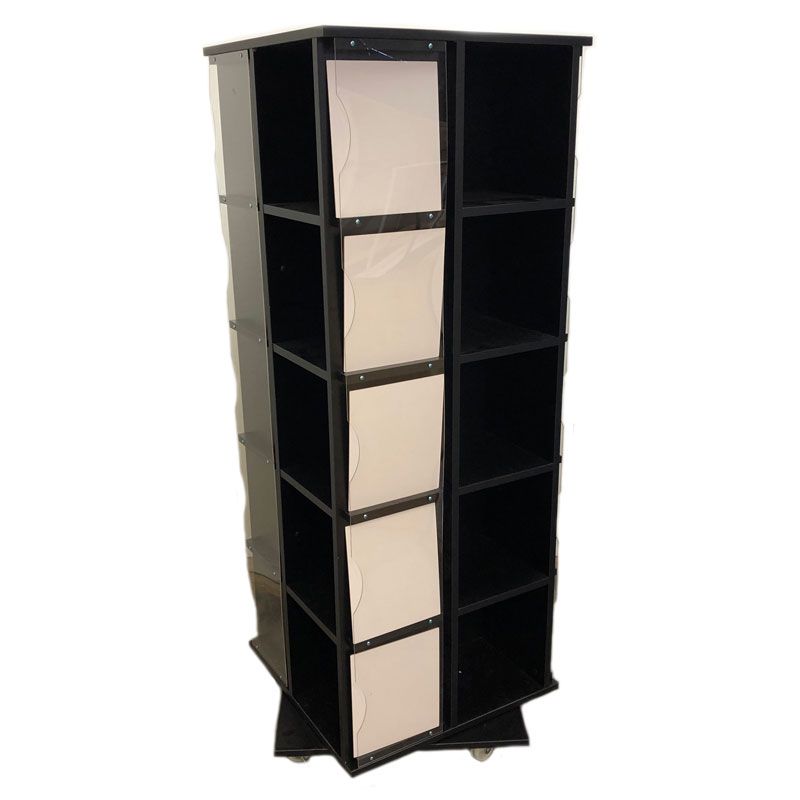 Rotating t-shirt display tower in black finish with 20 clear lucite pockets.