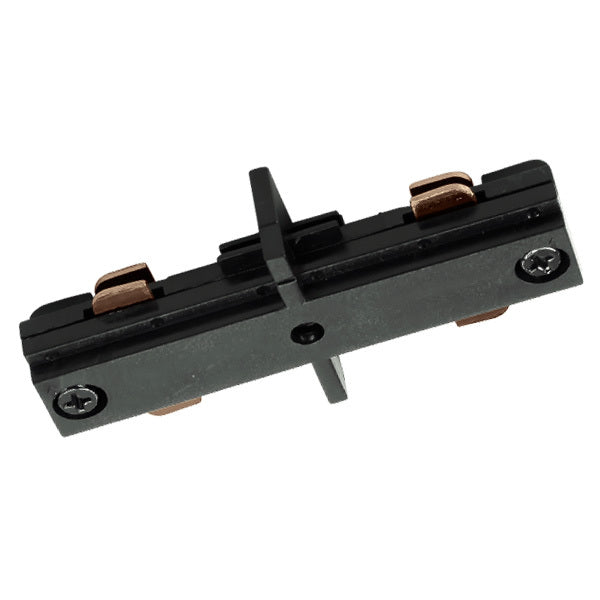 Black straight connector for single- and double-circuit track lighting showing the inline design used to join two Halo-compatible track sections.