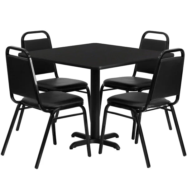 Black 36-inch square restaurant table set with trapezoidal back banquet chairs for hotels and cafés