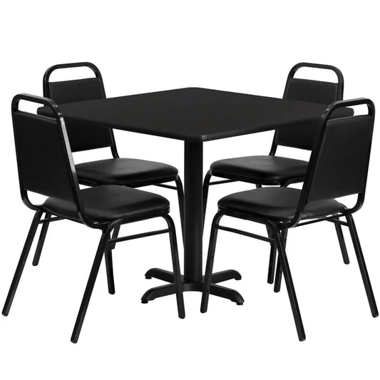 Black 36-inch square restaurant table set with trapezoidal back banquet chairs for hotels and cafés
