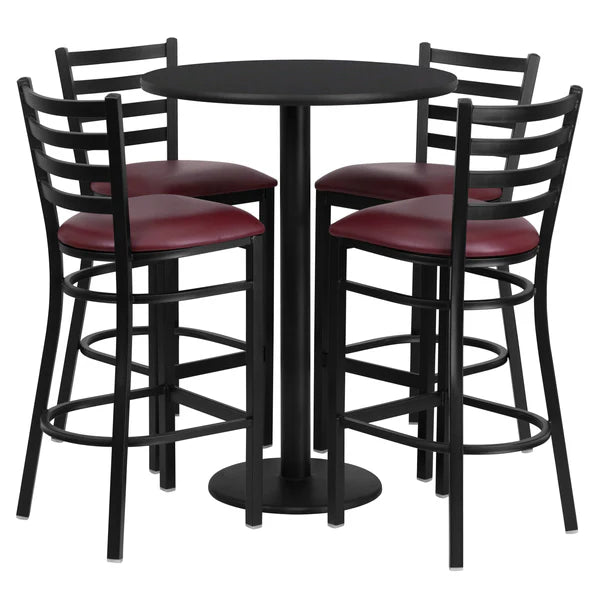 Black laminate bar table set with burgundy ladder back barstools for restaurants and cafés.