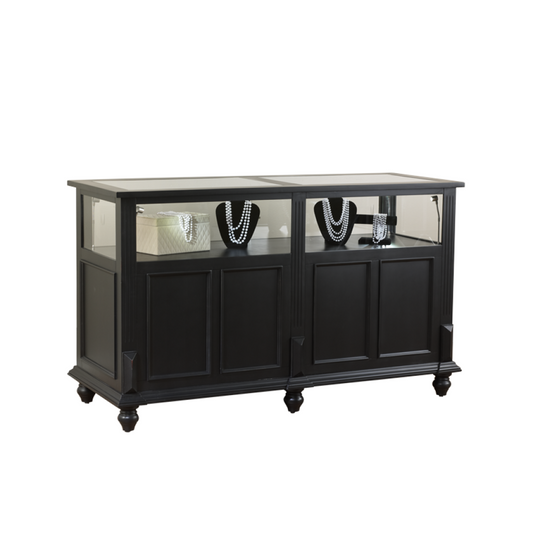 Black finish option showing a smooth, modern painted surface on the Vintage Jewelry Showcase used for secure jewelry and accessory displays