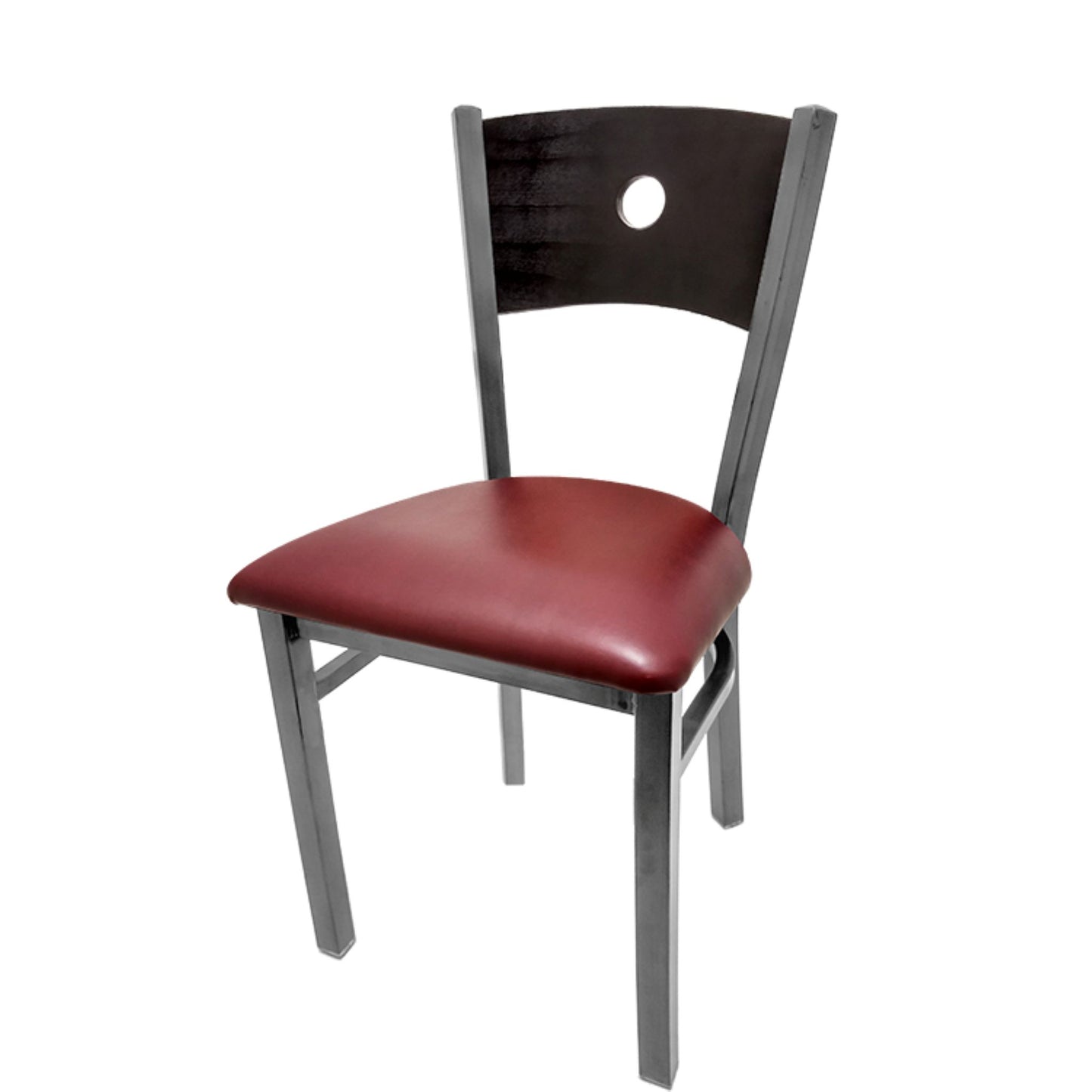 Dining chair with black wood back and wine vinyl seat.