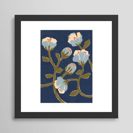 Alt Text:
Blue Perennial Art Print by Megan Galante framed in black hardwood, featuring modern blue floral artwork perfect for boutique hotels, upscale restaurants, and contemporary cafés.