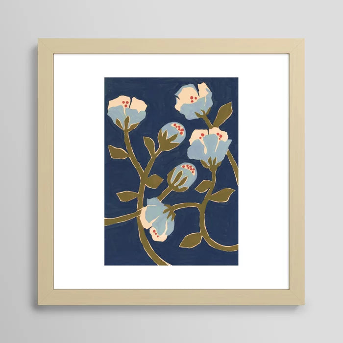 Blue Perennial Art Print by Megan Galante framed in natural maple wood, adding warmth and organic charm to restaurant dining spaces, boutique hotels, and artisan coffee houses.