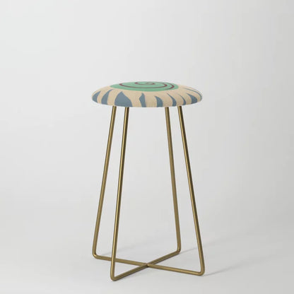 Blue Sun Counter Stool by Sandra Poliakov with gold steel legs – vibrant artistic stool ideal for café counters, hotel breakfast areas, and restaurant dining spaces