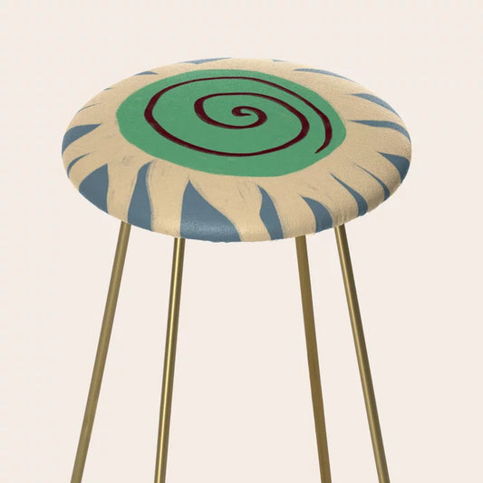 Above view of the Blue Sun Stool by Sandra Poliakov showing vibrant vegan leather cushion and modern design, ideal for hotel bar areas, restaurant seating, and cafés