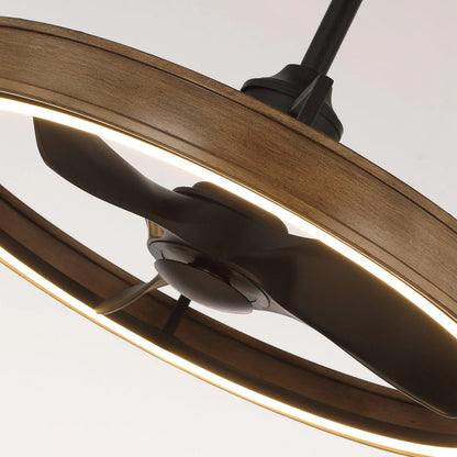 Rustic brown industrial ceiling fan with open cage design and reversible black blades