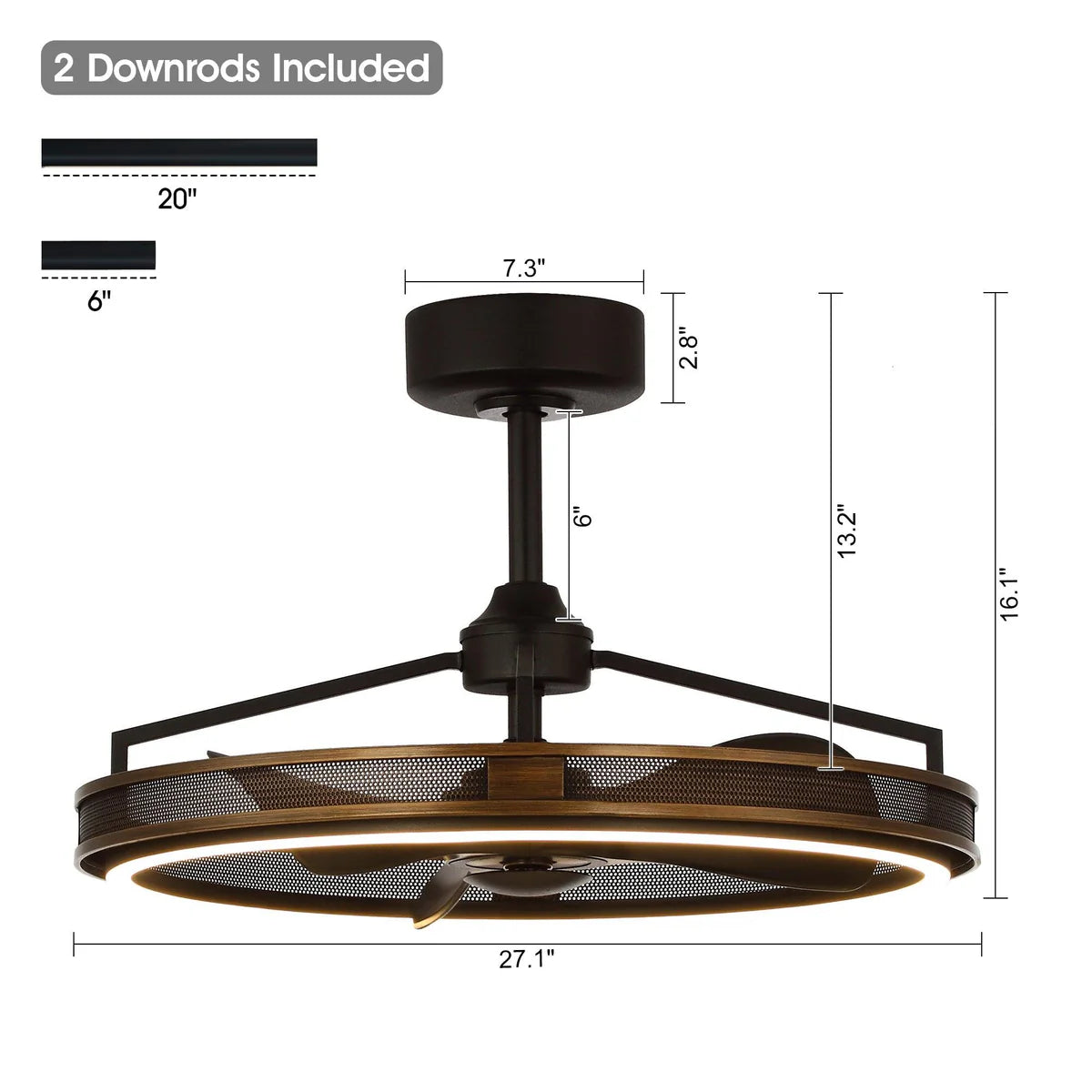 Small modern ceiling fan with downrod mount and quiet DC motor for low ceilings with dimensions