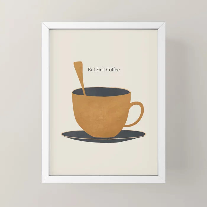 Coffee-inspired art print in white frame adds bright modern touch to wall décor
