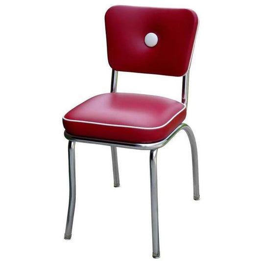 Front view of retro button back diner chair with cushioned seat and chrome frame for restaurants, cafés, and diners.