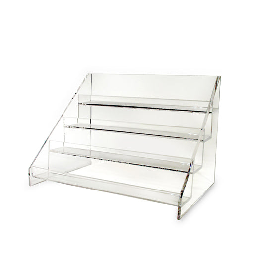Front view of the acrylic 4-tier countertop display bin showing four clear stepped compartments for cards or small items.