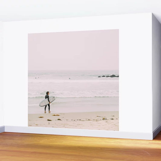 California Coast Surfer – Venice Beach Ocean View 8-foot Wall Mural by Pati Photography installed in a coastal restaurant or hotel lounge – beach-inspired wall art for hospitality interiors