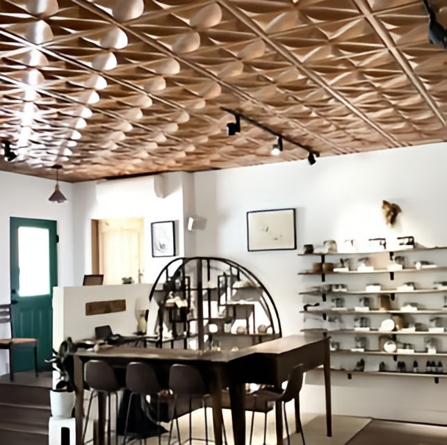 Modern interior design with wooden ceiling panels and a dining area.