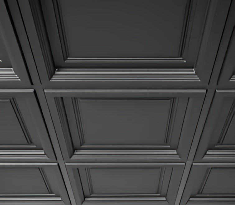 Close-up of a black ceiling with decorative paneling