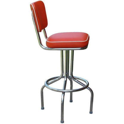 Classic 1950s-style red diner bar stool with padded seat and chrome frame