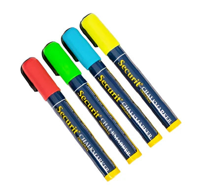 Set of four commercial grade chalk markers in green, yellow, red, and blue with fine-tip design for restaurant menu boards.
