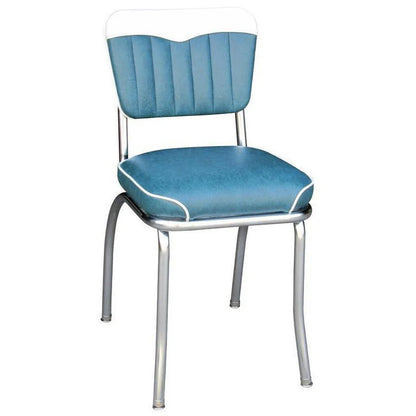 Front view of Chevy-style retro diner chair in colors teal and white with six-channel backrest and chrome frame for restaurants and cafés.