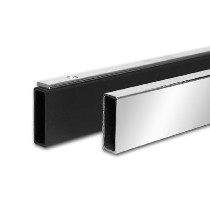 Image showing all three finish options for the 1/2-inch by 1½-inch rectangular tubing, including polished chrome, matte black, and raw steel, arranged side by side for comparison.