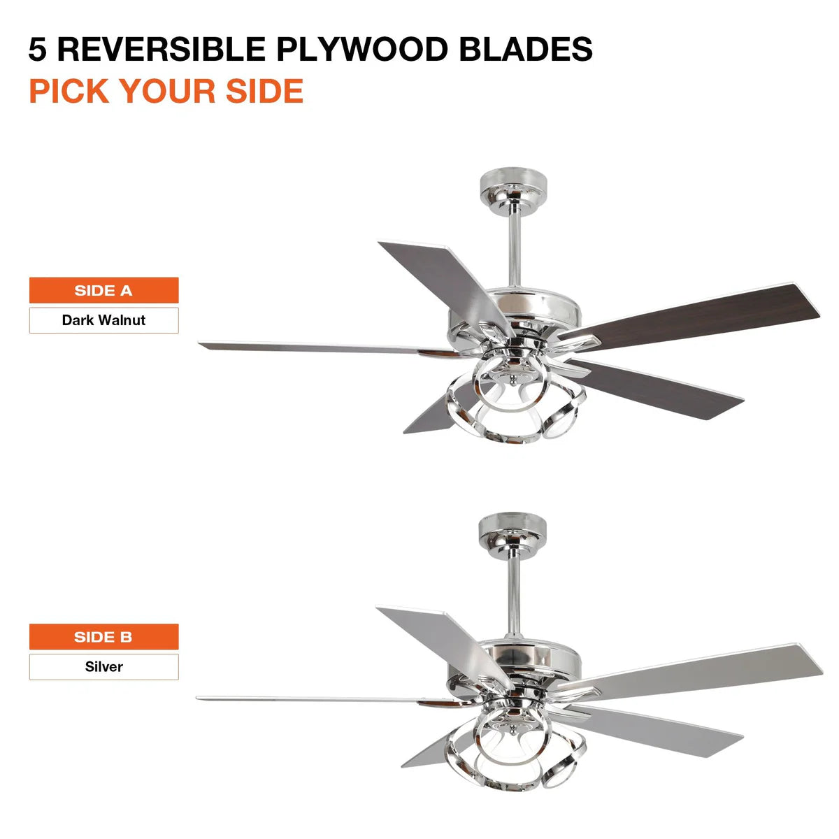 Ceiling fan with reversible plywood blades on a white background