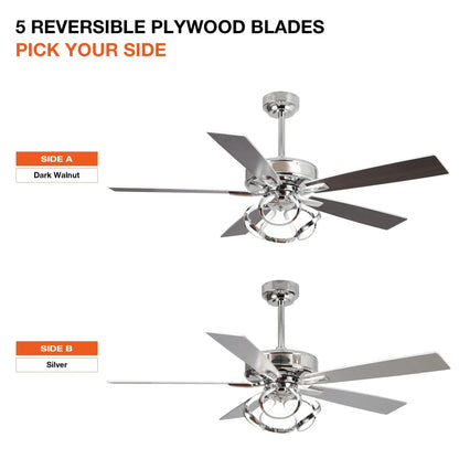 Ceiling fan with reversible plywood blades on a white background