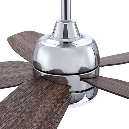 Modern chrome ceiling fan with reversible wood blades and downrod mount