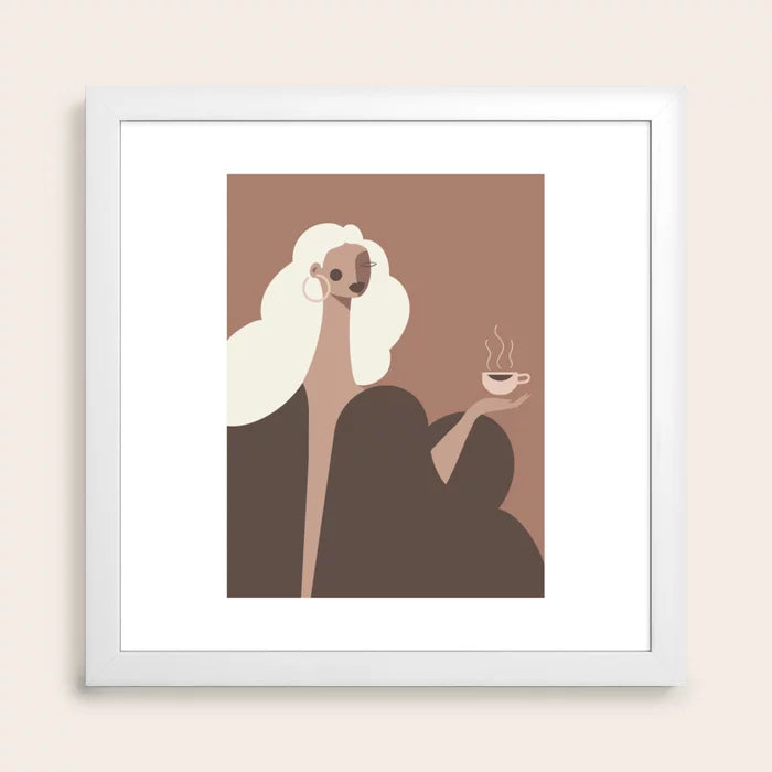 Coffee Hour Art Print by Maritza Lisa in a clean white frame, ideal for café walls, modern hotel lounges, or breakfast areas.