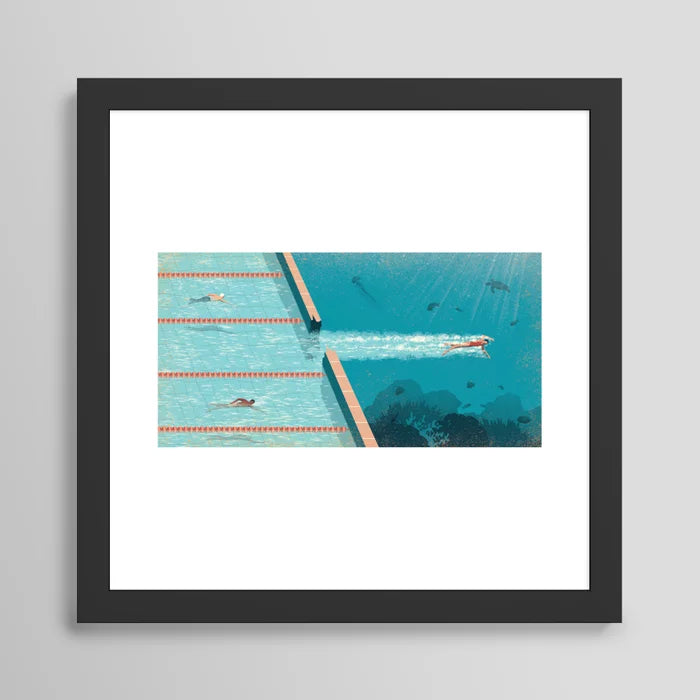 Comfort Zone art print in black frame, contemporary décor for restaurants, hotel rooms, lounges, and cafés