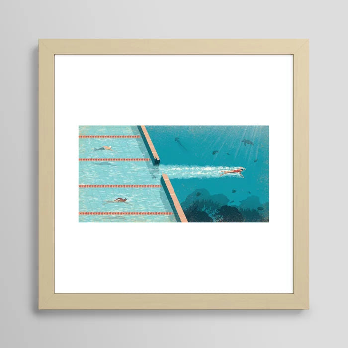 Comfort Zone art print with maple frame, warm natural décor for casual dining spaces and coffee shops