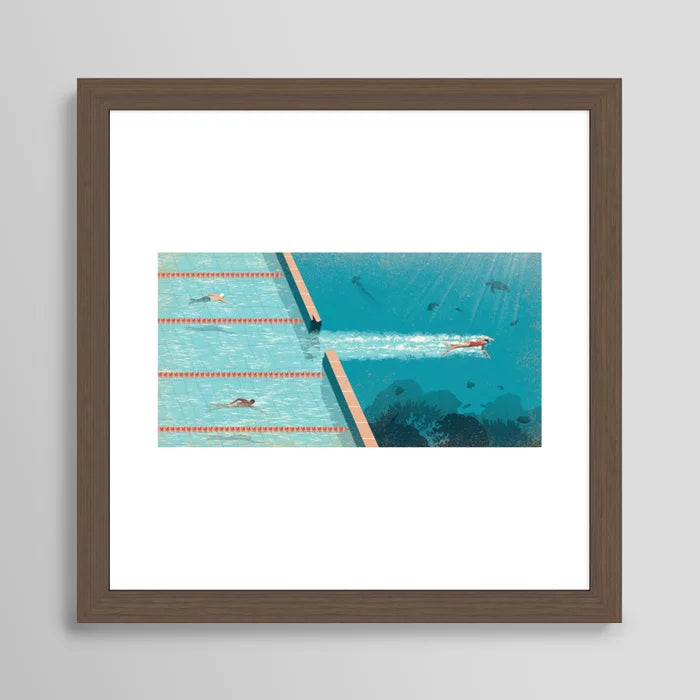 Comfort Zone art print in walnut frame, elegant hospitality wall art for upscale bars and hotel suites