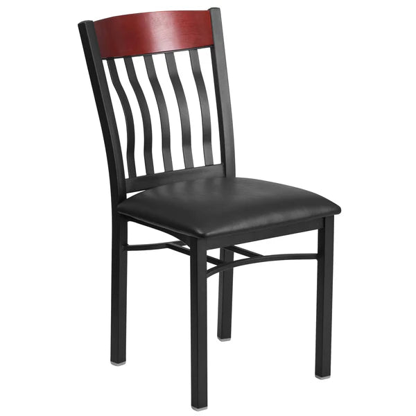 Metal dining chair with mahogany vertical slat back and black vinyl padded seat for restaurant or bar seating