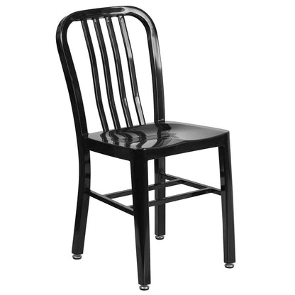 Commercial metal restaurant chair in black powder-coated steel with vertical slat back for indoor or outdoor dining spaces.