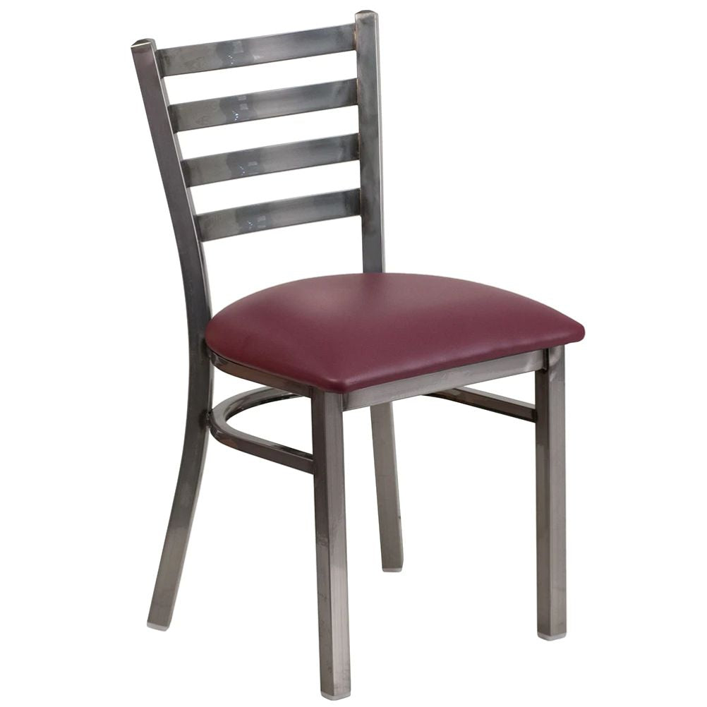 Front view of commercial metal ladder back restaurant chair with black powder-coated steel frame and burgundy vinyl seat.