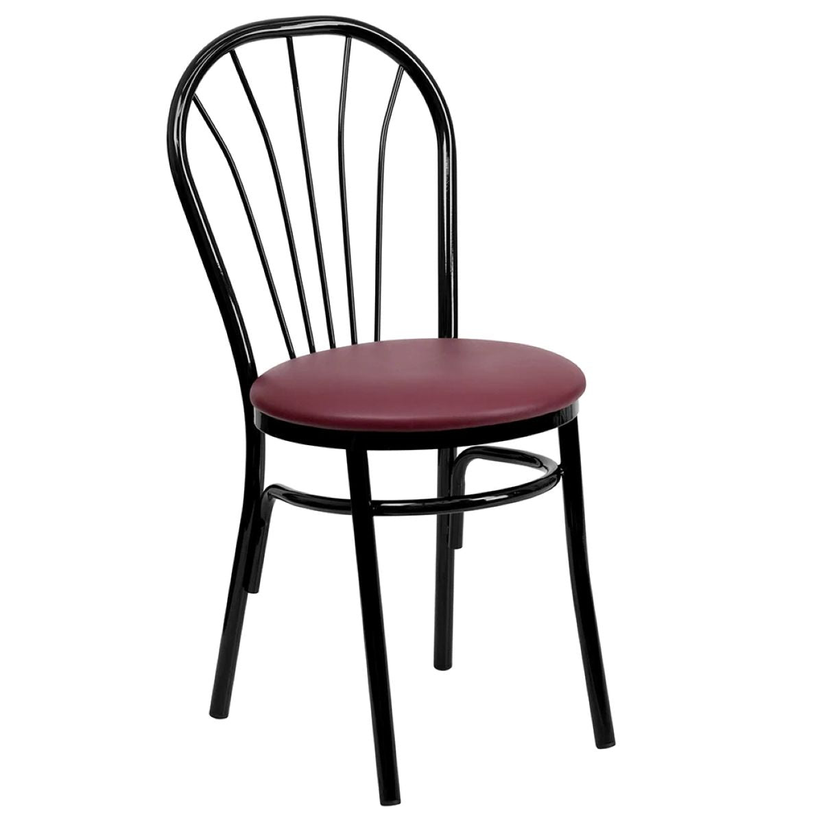 Black metal chair with a red cushion on a white background